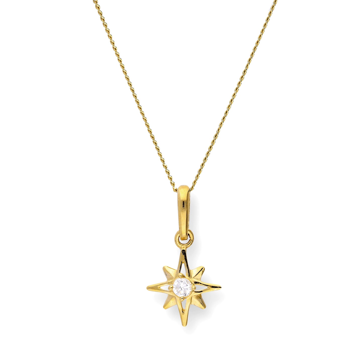 9ct Gold & Clear CZ Crystal Shining Star Pendant Necklace