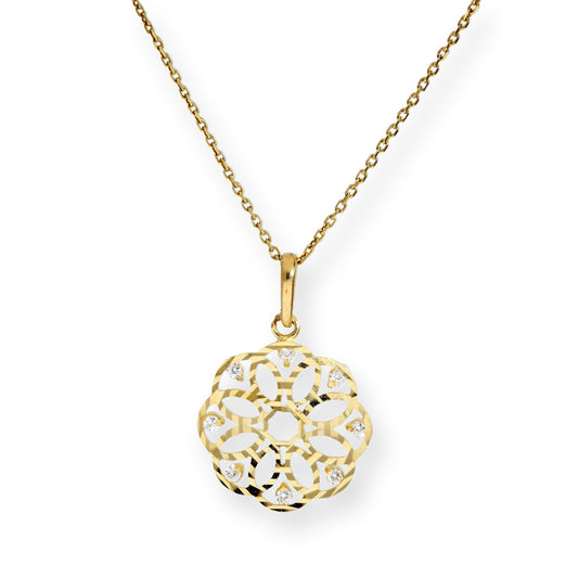 9ct Gold & Clear CZ Crystal Flower Circle Pendant Necklace 16-20 Inches