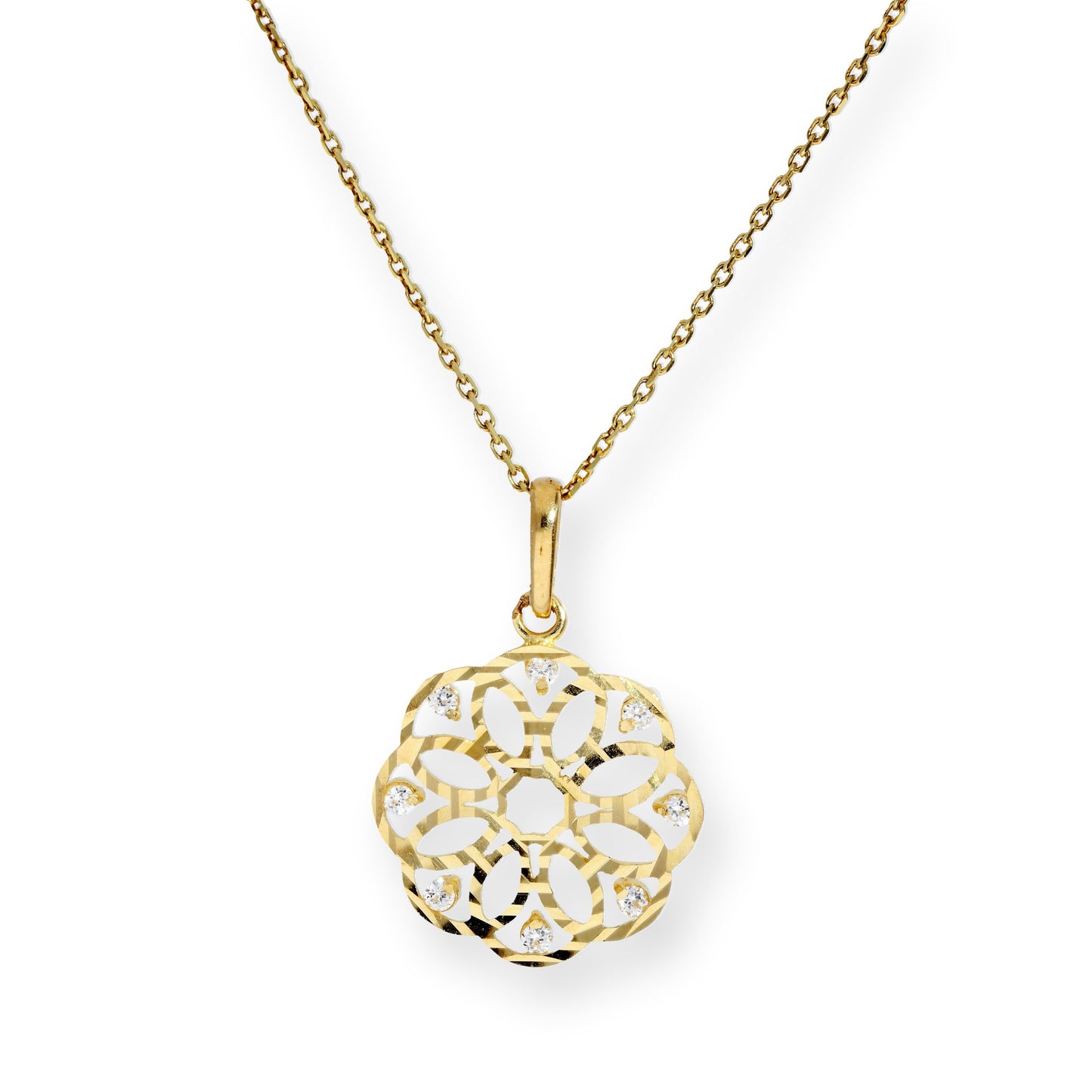 9ct Gold & Clear CZ Crystal Flower Circle Pendant Necklace 16-20 Inches