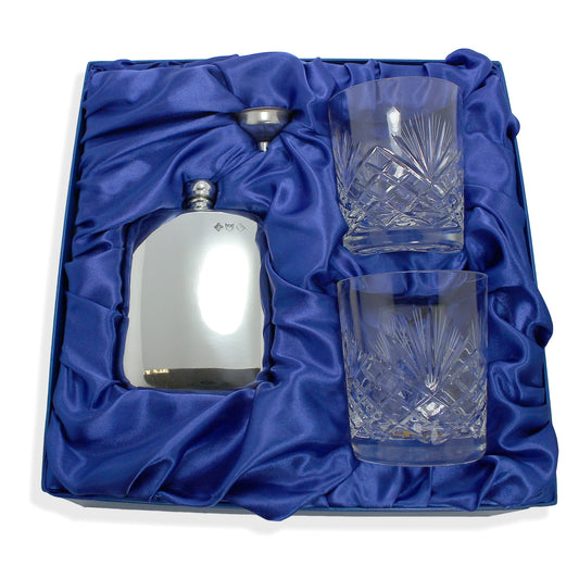 6oz Pewter Flask & 2 10oz Lead Crystal Tumbler Set