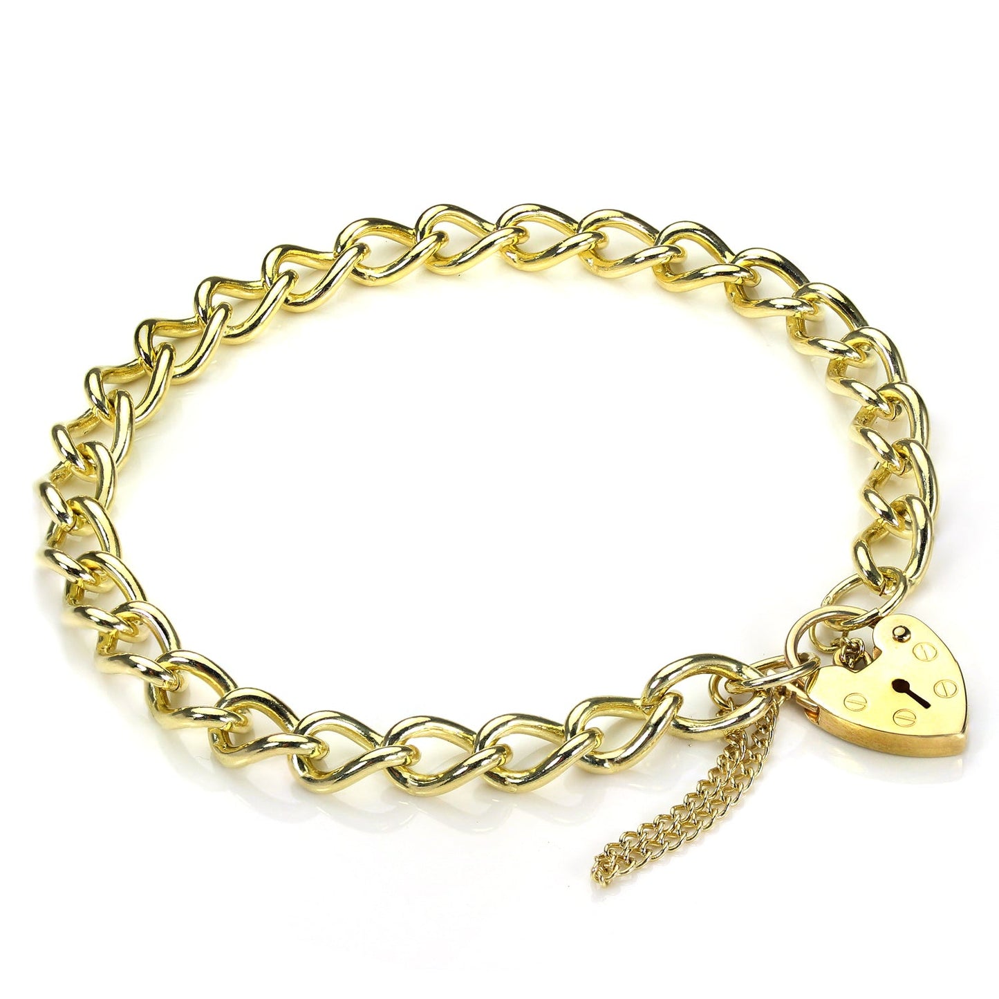 9ct Curb Gold Heart Padlock Charm Bracelet