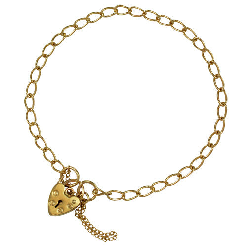 9ct Light Gold Heart Padlock Charm Bracelet