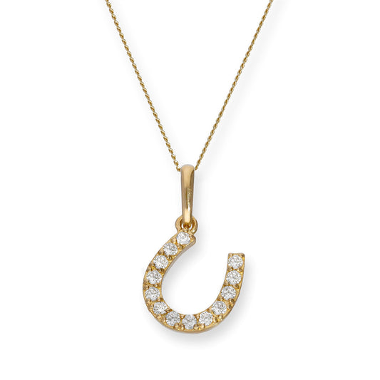 9ct Gold & Clear CZ Crystal Horseshoe Pendant Necklace